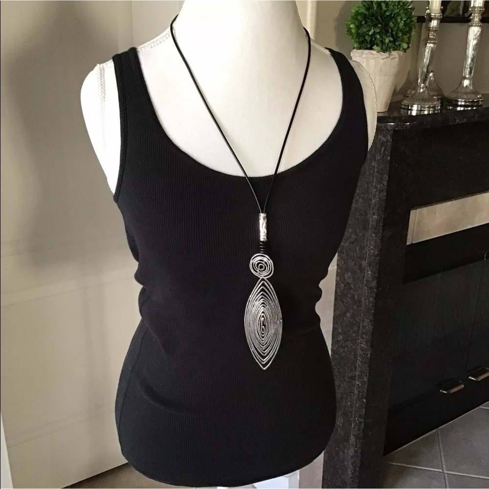 Tribal Shield Pendant Statement Necklace Silver Tone Wire 30” Black Wax Cord NEW - Picture 8 of 9
